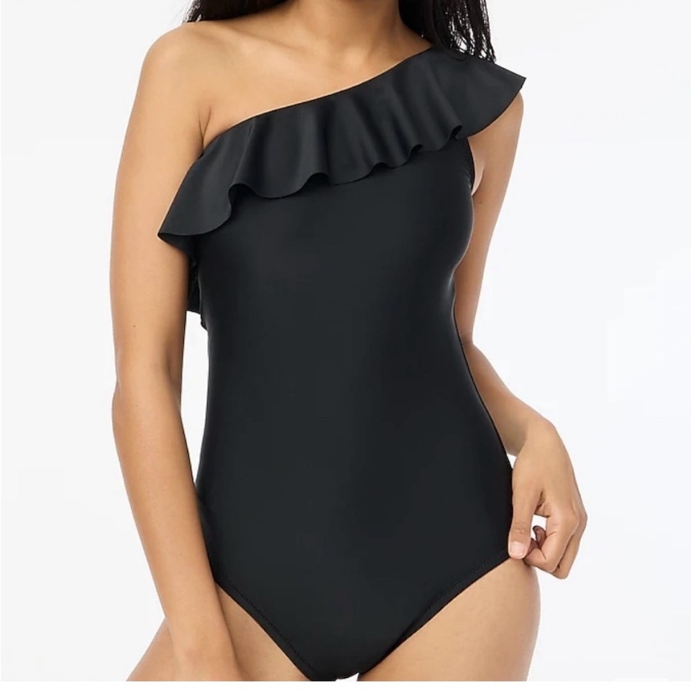 J Crew Black  Ruffled One-Shoulder Swimsuit